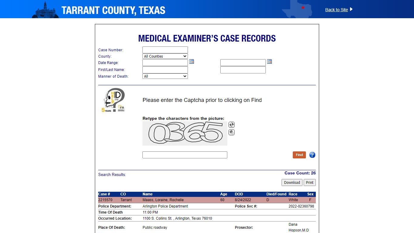 Medical Examiner’s Case Records - Tarrant County, Texas